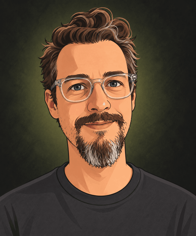 Illustrated placeholder portrait of a developer wearing glasses
